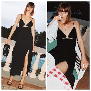 NWT Zara Black Cut Out Linen Blend Bra Top High Slit Midi Dress